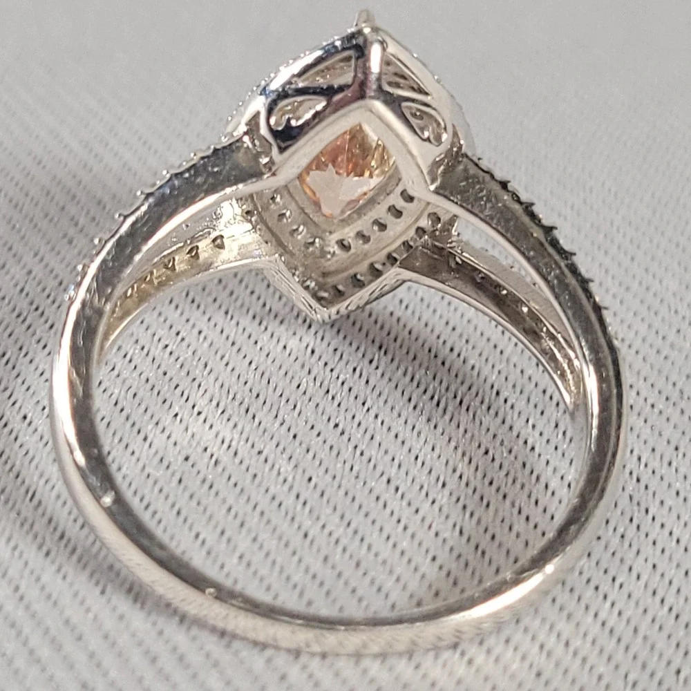 Sterling Silver Halo Ring Womens Size 8.75 Peach Marquise Glass Split Shank Pavé